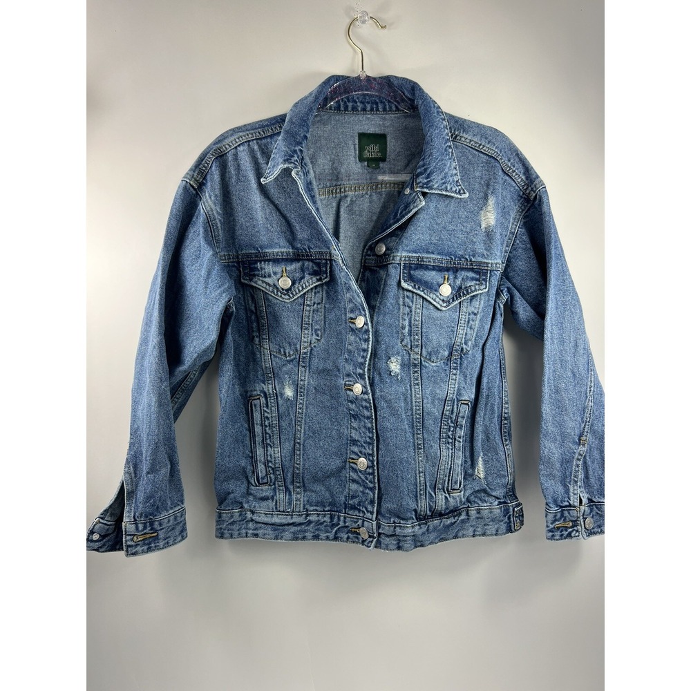 Wild Fable Jean Jacket Womens XS‎ Blue Trucker Distressed Med Wash Denim Cotton